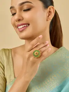Kushal's Fashion Jewellery Ruby-Green Gold-Plated Ethnic Antique Finger Ring