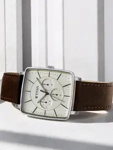 Titan Men Silver-Toned Dial & Beige Leather Straps Analogue Watch