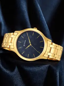 Titan Men Blue Brass Dial & Yellow Stainless Steel Bracelet Style Analogue Watch 1825YM05