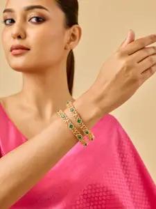 Kushal's Fashion Jewellery Set Of 2 Green Gold-Plated Party Zircon Bangles
