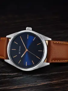 Titan Men Blue Brass Dial & Brown Leather Straps Analogue Watch 1866SL01