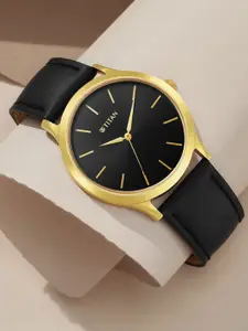 Titan Men Black Brass Dial & Black Leather Straps Analogue Watch
