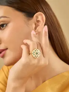 Kushal's Fashion Jewellery Gold-Plated Green Stones Studded Ethnic Antique Finger Ring