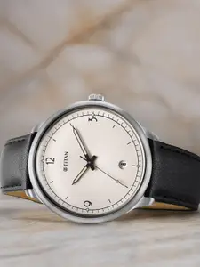 Titan Men Embellished Dial & Leather Bracelet Style Straps Analogue Watch 10023SL05