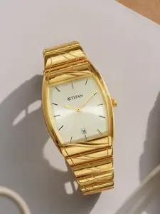 Titan Men Yellow Dial & Gold Toned Stainless Steel Wrap Around Straps Analogue Watch 9315YM05