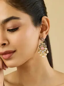 Kushal's Fashion Jewellery Pink Victorian-Plated Ethnic Kundan Drop Earrings