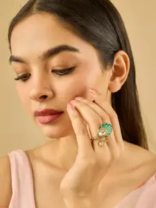 Kushal's Fashion Jewellery Victorian-Plated Green Kundan Studded Party Finger Ring