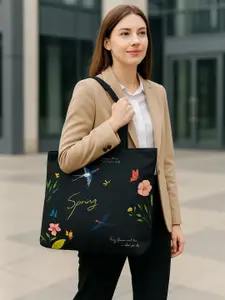 HSR Women Black Floral & Bird Print Daily Use Zipper Tote Handbag