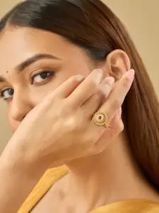 Kushal's Fashion Jewellery Ruby Gold-Plated Artificial Stones Antique Finger Ring