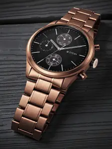 Titan Men Black Dial & Brown Stainless Steel Straps Analogue Multi Function Watch 1805QM04
