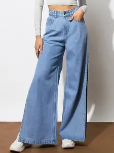 SASSAFRAS Women Wide Leg High-Rise Pure Cotton Side Slits Jeans