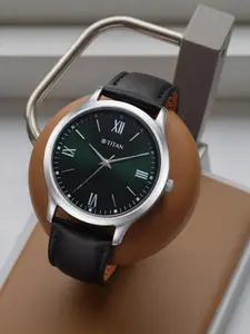 Titan Men Brass Dial & Leather Straps Analogue Watch1825SL16