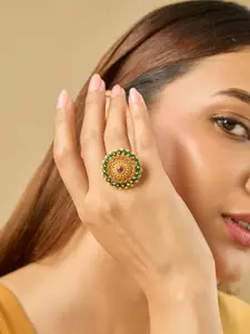 Kushal's Fashion Jewellery Ruby-Green Gold-Plated Ethnic Antique Finger Ring