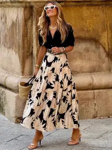 Outzidr Women Printed Tiered Flared Maxi Skirt