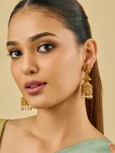 Kushal's Fashion Jewellery Women Ruby Gold-Plated Ethnic Antique Jhumkas