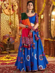 ODETTE Embroidered Sweetheart Neck Mirror Work Semi-Stitched Lehenga & Blouse With Dupatta