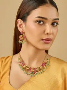 Kushal's Fashion Jewellery Ruby-Green Gold-Plated Ethnic Antique Necklace