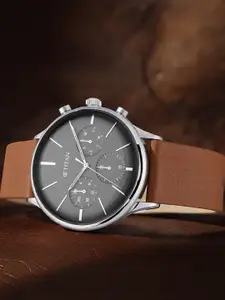 Titan Men Blue Dial & Brown Leather Straps Analogue Watch