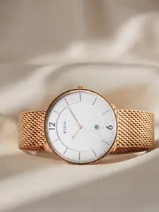 Titan Men Rose Gold-Toned Brass Dial & Stainless Steel Bracelet Style Straps Analogue Watch 1849WM01