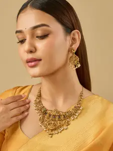 Kushal's Fashion Jewellery Ruby-Green Gold-Plated Ethnic Antique Necklace