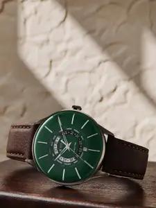 Titan Men Green Printed Dial & Brown Leather Straps Analogue Watch