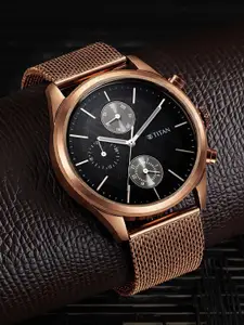 Titan Men Black Dial & Brown Stainless Steel Bracelet Style Straps Analogue Watch