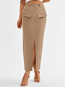 Outzidr Women Front Pocket Straight Midi Skirt