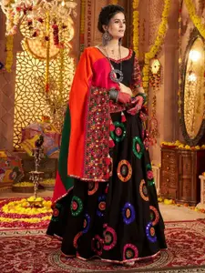 ODETTE Embroidered Sweetheart Neck Mirror Work Semi-Stitched Lehenga & Blouse With Dupatta