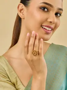 Kushal's Fashion Jewellery Gold-Plated Ruby Stone Studded Antique Finger Ring