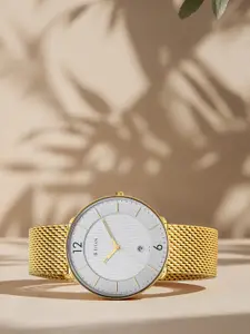 Titan Men Gold-Toned Brass Dial & Stainless Steel Bracelet Style Straps Analogue Watch 1849YM01