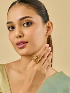 Kushal's Fashion Jewellery Ruby-Green Gold-Plated Ethnic Antique Finger Ring