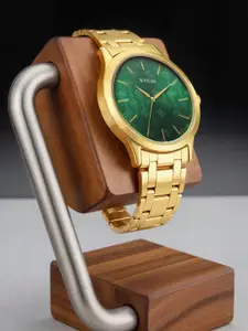 Titan Men Green Brass Dial & Gold Toned Stainless Steel Bracelet Style Straps Analogue Watch 1825YM07