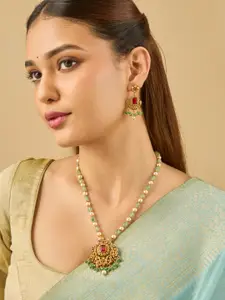 Kushal's Fashion Jewellery Ruby-Green Gold-Plated Ethnic Antique Necklace