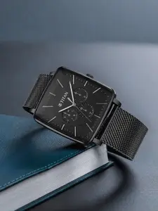 Titan Men Black Dial & Black Stainless Steel Textured Straps Analogue Watch 90147NM01