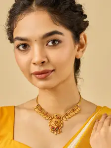 Kushal's Fashion Jewellery 92.5 Pure Silver Gold-Plated Stone Studded Temple Necklace