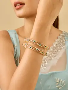 Kushal's Fashion Jewellery Set Of 2 Green Gold-Plated Zircon Bangles