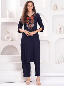 HIGHLIGHT FASHION EXPORT Women Embroidery V-Neck Top With Trousers Co-Ords