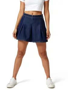 glitchez Women Pleated Mini Denim A-Line Skirt