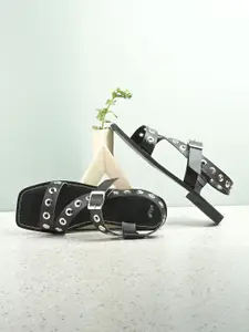 Styli Women Textured Stud Detailed Open Toe Flats