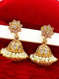 Anujeet Fashion Hub Gold-Plated Dome Shaped Artificial Stones and Beads Jhumkas Earrings
