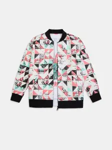 CAVIO Boys Pink & White Geometric Full Sleeves Printed zipper Jacket & T-Shirt