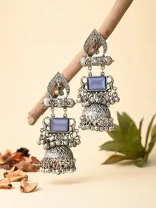 Anvik Silver-Plated Artificial Stones and Beads Dome Shaped Oxidised Jhumkas Earrings