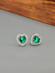 PRIVIU Silver-Plated American Diamond Studded Heart Shaped Studs