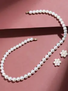 Anouk Gold Plated Premium Quality White Pearls Beaded Single Line Necklace Jewelry Set