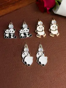 PRIVIU Set Of 3 Gold-Plated American Diamond Studded Panda Drop Earrings