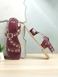 Styli Women Textured Stud Detailed Open Toe Flats