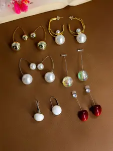 PRIVIU Set Of 6 Gold-Plated Pearls Beaded Circular Half Hoop Earrings