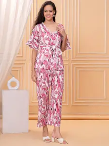 HIGHLIGHT FASHION EXPORT Printed V-Neck  Half Sleeve Top With Trouser Co-Ords