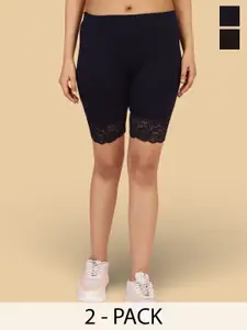 Jinfo Women Pack of 2 Self Design Skinny Fit Mid-Rise Cotton Sports Shorts