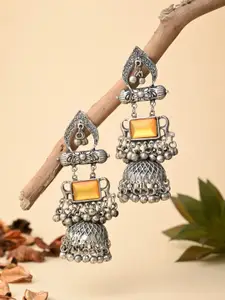 Anvik Silver-Plated Dome Shaped Artificial Stones and Beads Jhumkas Earrings